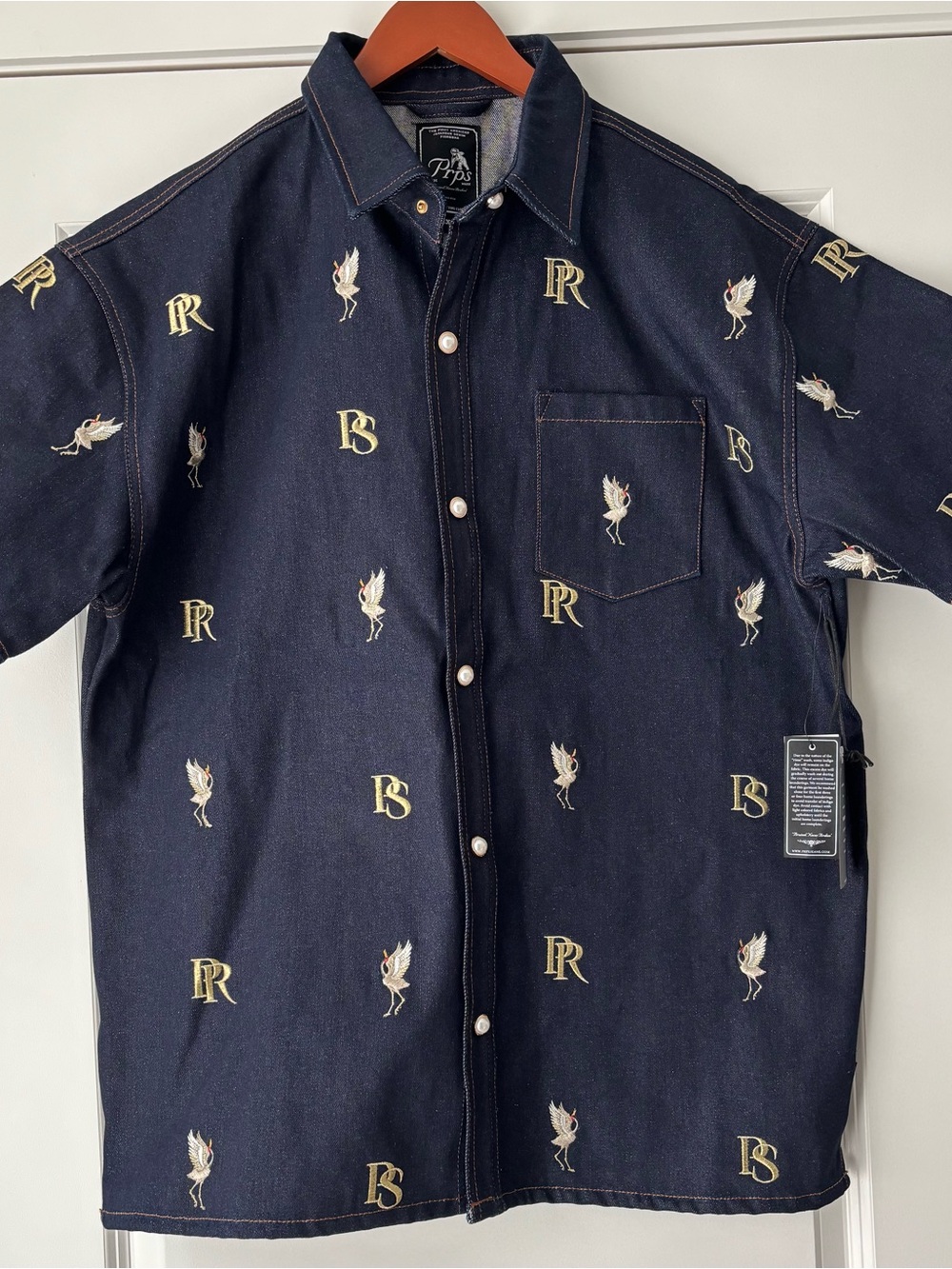 PRPS Men’s Fukue Embroidered Short-Sleeve Denim Shirt - Picture 4 of 7